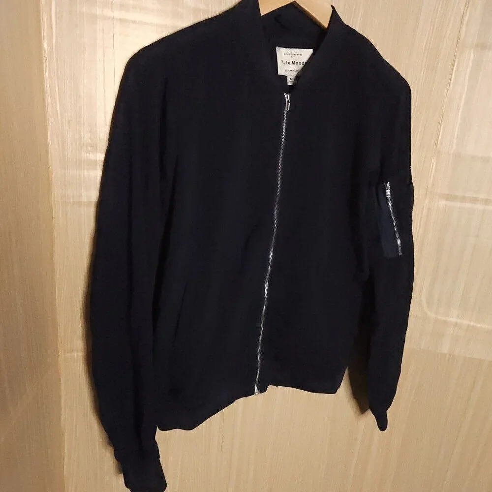 Haute Monde Womens Silky Navy Blue Bomber Jacket Medium